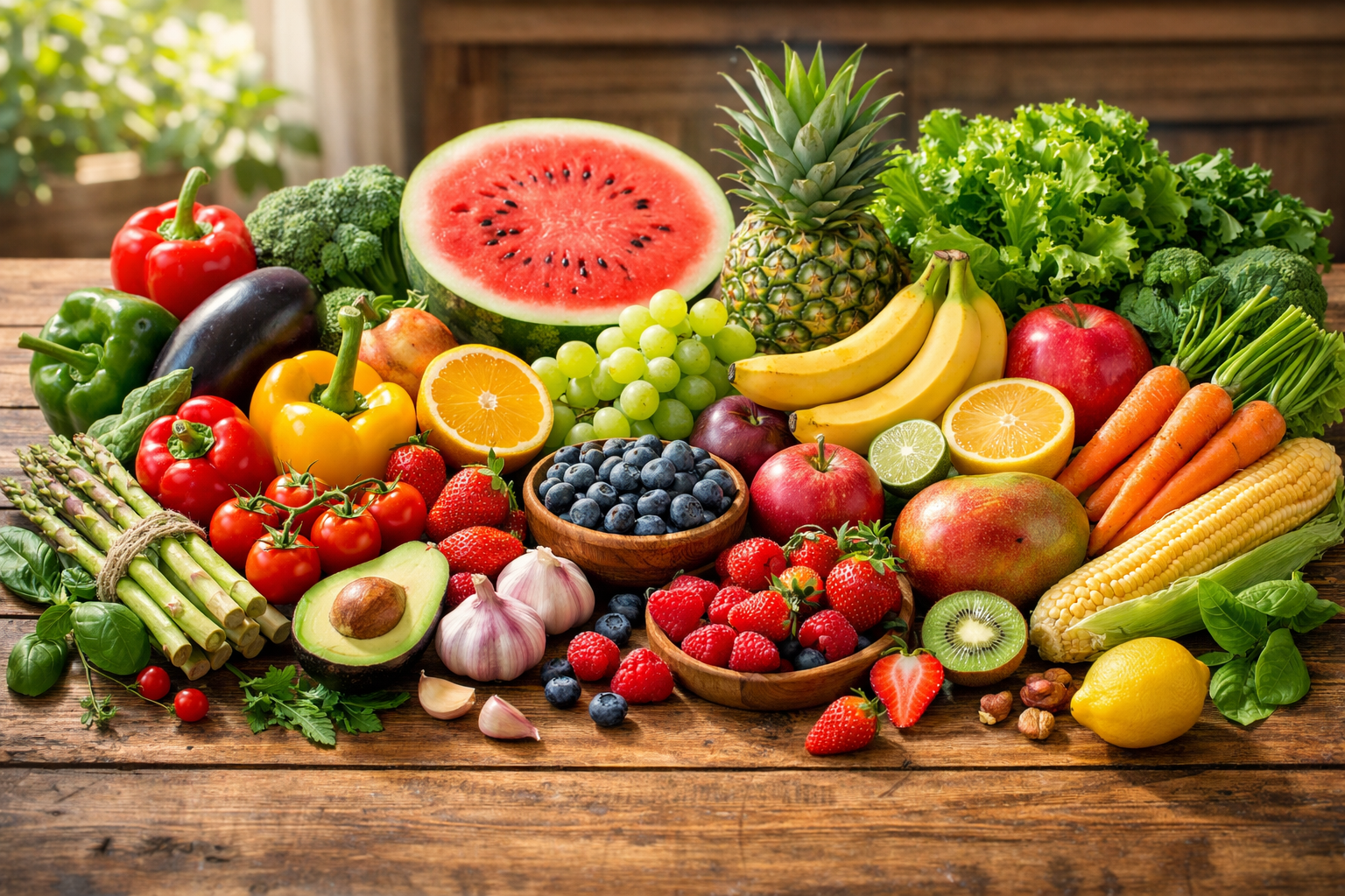 Fresh colorful vegetables and fruits arranged on a wooden table with natural morning light, healthy eating concept
